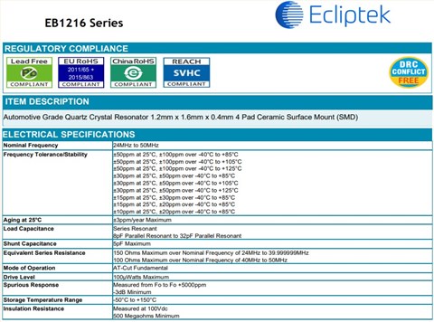 EB1216JA10-24.000M TR,Ecliptek超小型晶振,1612mm,智能手机晶振