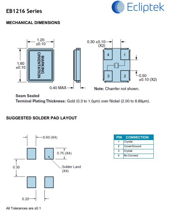 EB1216JA10-24.000M TR,Ecliptek超小型晶振,1612mm,智能手机晶振